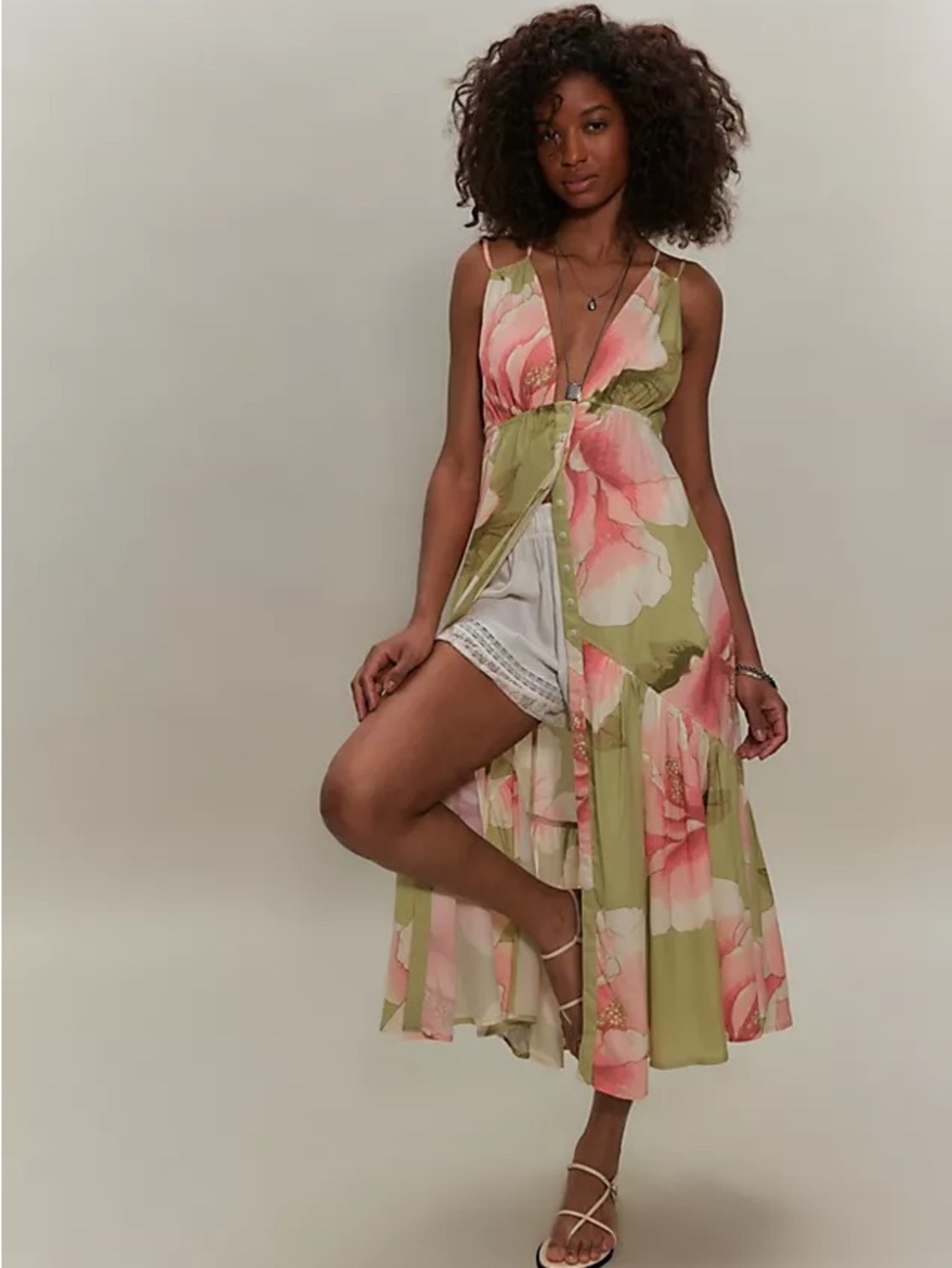 Free People Olive Green and Pink Floral Maxi Dress